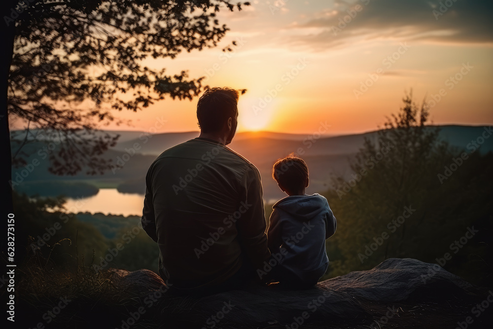 Father Sitting Next To Son Watching Sunset, Father's Day Celebration Image. - obrazy, fototapety, plakaty 