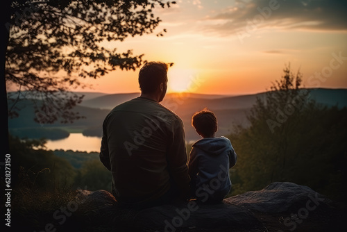 Father Sitting Next To Son Watching Sunset, Father's Day Celebration Image. photo