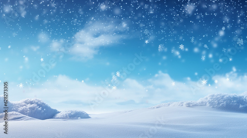 Winter background of snow and frost with free space for your decoration. Snowfall, snowflakes in different shapes and forms, snowdrifts.