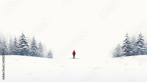 Winter backgraund, where the men is dressed in a red coat, a hat with a backpack on the trees where there is snow .