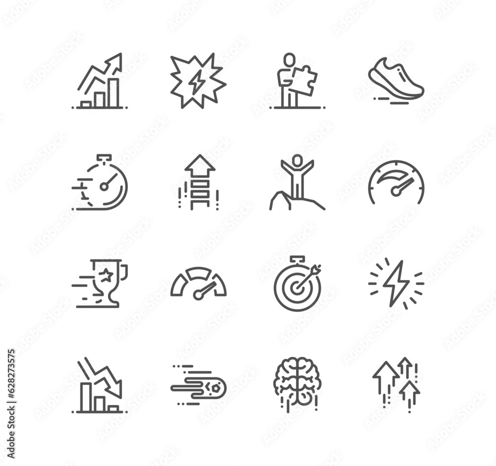 Set of performance related icons, sprint, boost, brain, gain, power, speed, graph and linear variety vectors.