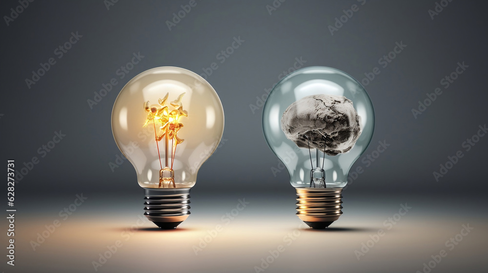 two bulbs, one light bulb, one environment pollution, Generative AI.