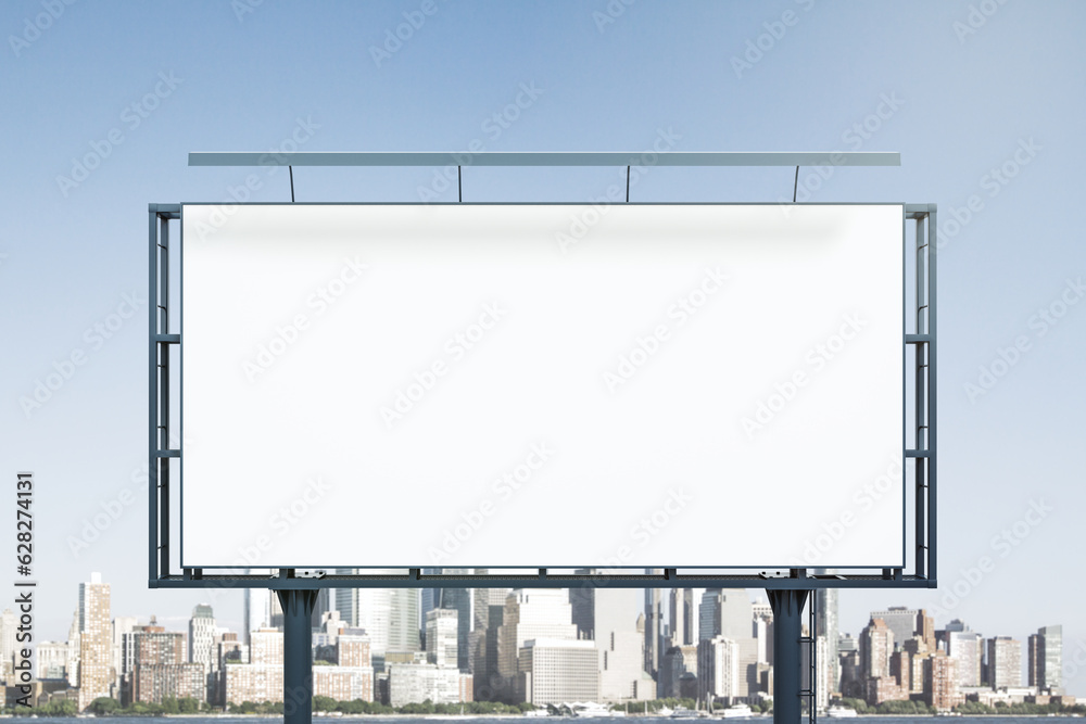 Blank white horizontal billboard on cityscape background at daytime, front view. Mockup, advertising concept Blank white horizontal billboard on cityscape background at daytime, front view. Mockup, advertising concept