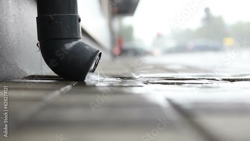 Rainwater flows from a drainpipe onto the sidewalk, people walk under an umbrella in the blurred background. Rainy weather.