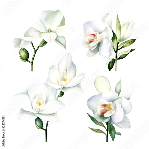 set of white orchid flowers, flower watercolor, leaves watercolor	