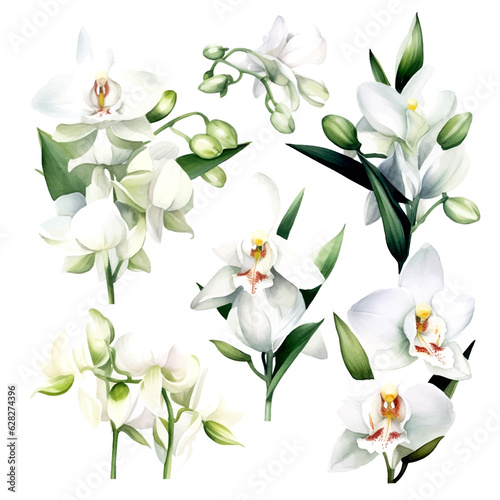 set of white orchid flowers, flower watercolor, leaves watercolor	