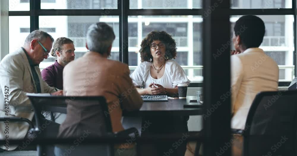Business people, meeting and corporate strategy in teamwork discussion for ideas at the office. Group of employees in team planning, presentation or training staff for collaboration at conference