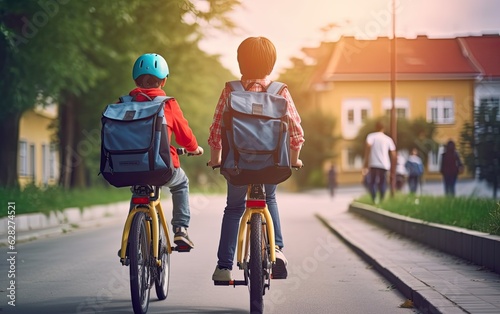 Two school boys friends with backpacks going to school by riding bicycle, back view, generative ai