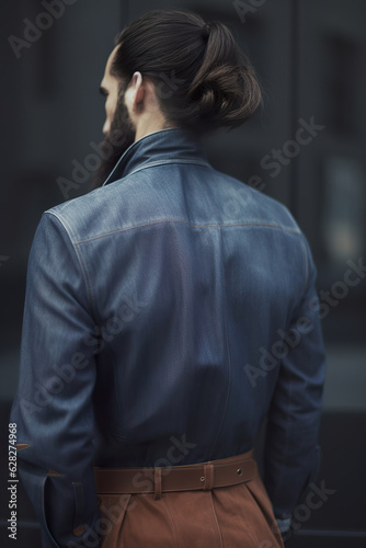 Man with his back to show his hairstyle. Unrecognizable man in vogue style showing his back. Men's hair style in back view. Male hairstyle. Realistic 3D illustration. Generative AI