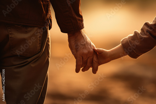 Fotografia Father walking hand in hand with son at sunset, Father's Day celebration image