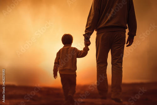 Father walking hand in hand with son at sunset, Father's Day celebration image.