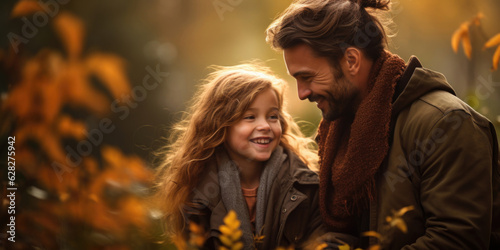 Mann und Mädchen wandern im Wald oder Park mit Herbst Hintergrund und haben Spaß dabei.