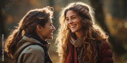 Zwei aktive glückliche Frauen wandern und haben Spaß in der Natur im Wald mit Herbst Hintergrund