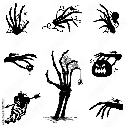 Spooky Grasp - Set of 8 Halloween Skeleton Hand with Spider Silhouette Vector Illustrations