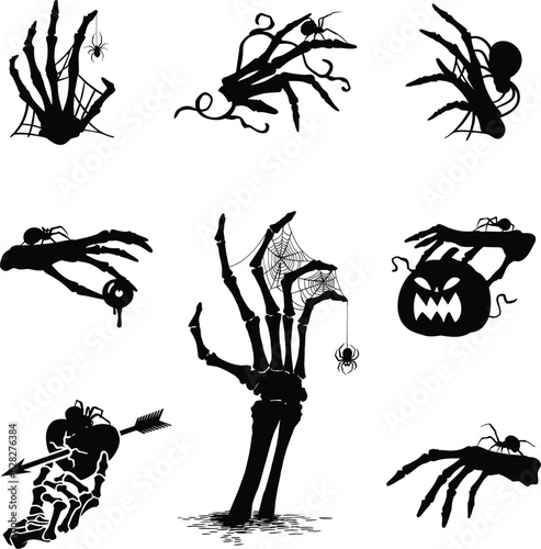 Spooky Grasp - Set of 8 Halloween Skeleton Hand with Spider Silhouette Vector Illustrations
