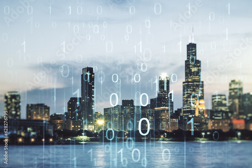 Abstract virtual binary code illustration on Chicago skyline background. Big data and coding concept. Multiexposure