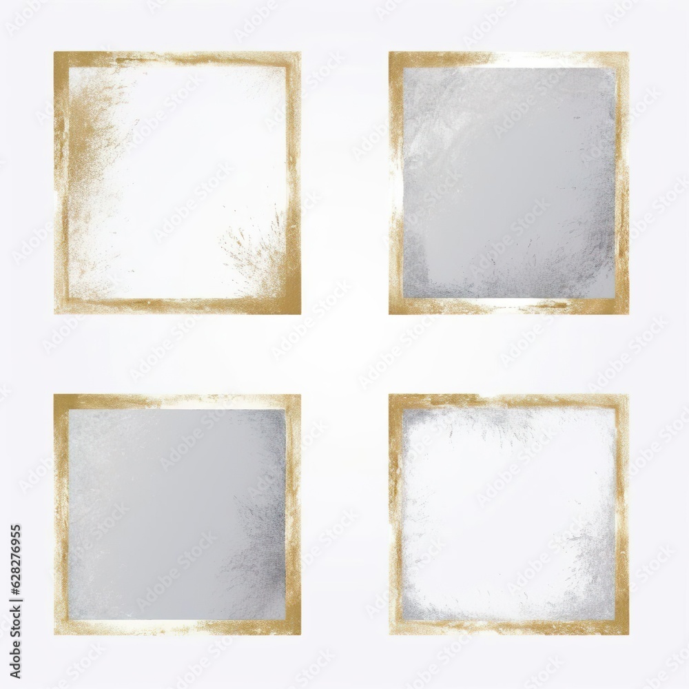 Square and round golden frames on a grey background.