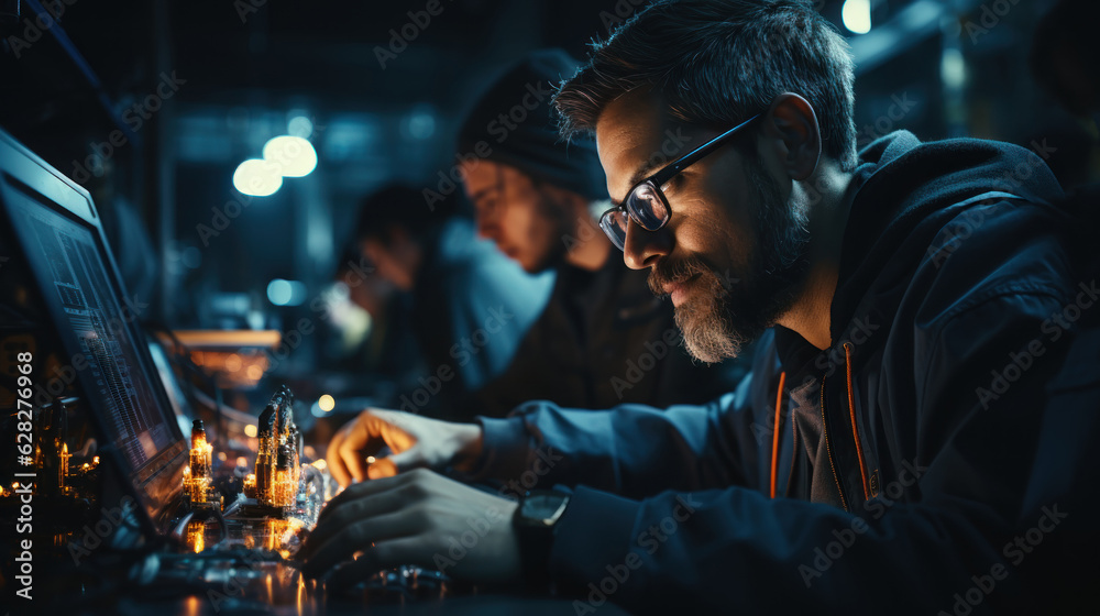 Group of young men working on a computer at night.