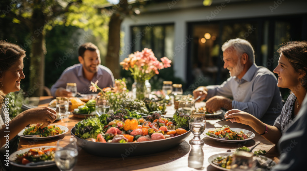 Group of people having dinner together in a garden. Big family celebration gathered. Group of people having dinner together in a garden. Big family celebration gathered.