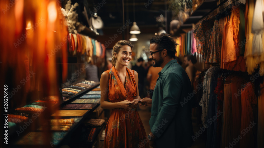 Portrait of a young couple choosing clothes in a clothing store.