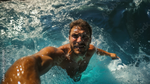 Young man swimming in sea with blue water and splashes.
