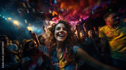 Portrait of happy young woman dancing in front of her friends at a music festival.