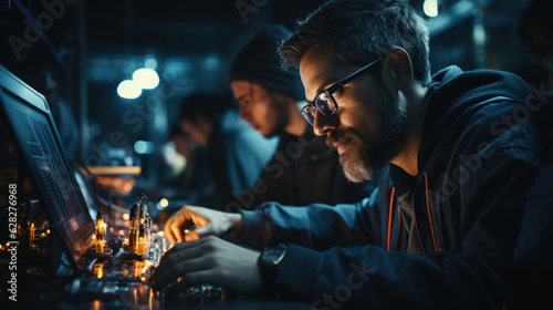 Group of young men working on a computer at night.