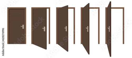 Open and closed door collection. Entrance and exit doors with handles and frames. Entry, exit in doorframe. Flat vector illustration isolated on white background