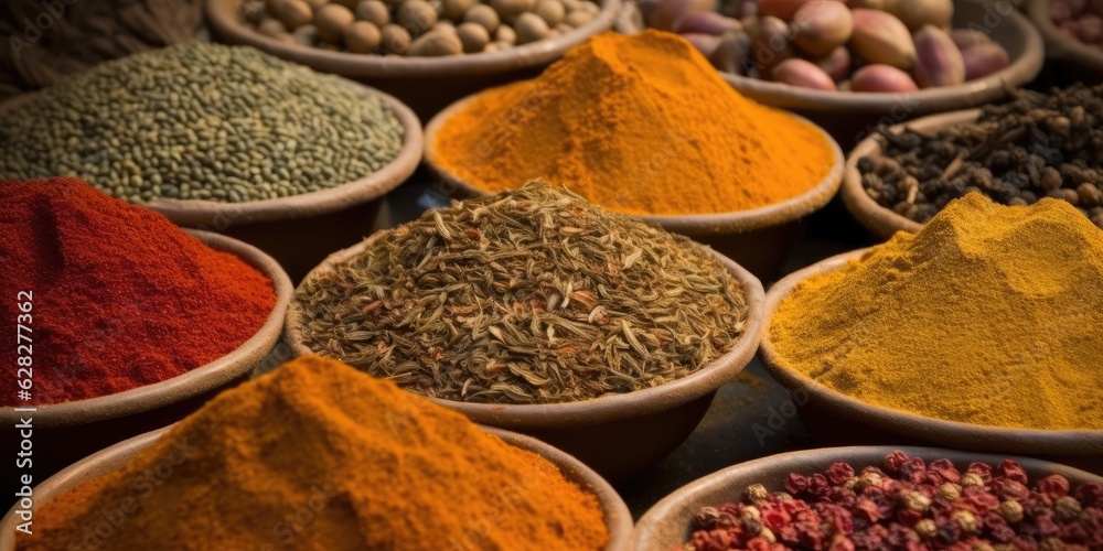 Indian spices close up. Pepper, turmeric thyme paprika cumin. Generative AI