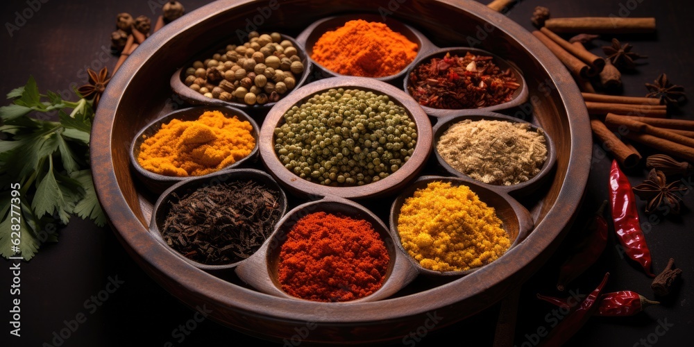  Many different Indian spices close-up in a wooden plate. Pepper, turmeric, thyme, paprika, cumin.