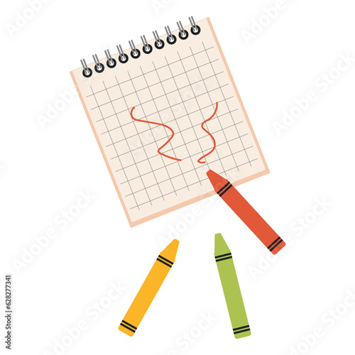 Set of vector school supplies. A set of colored pencils with a notepad on a white background. Art supplies.