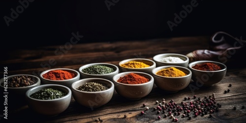 Many different Indian spices in white plates on the table. Pepper, turmeric, thyme, paprika, cumin.