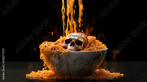 skull in bowl of spagetti pasta photo