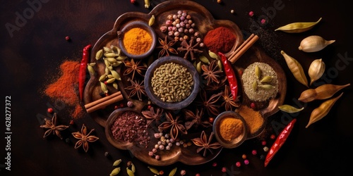 Indian spices close up. Pepper, turmeric thyme paprika cumin. Generative AI