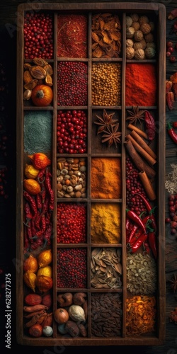 Indian spices close up. Pepper, turmeric thyme paprika cumin. Generative AI © 22_monkeyzzz