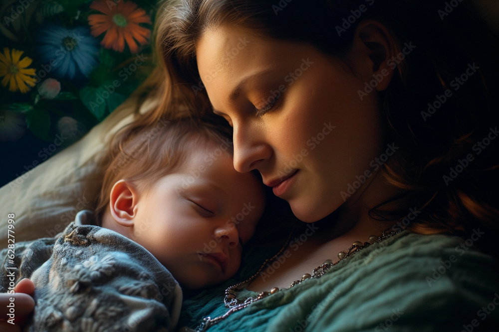 A Caucasian mother and her newborn baby, sharing a peaceful sleep. A Caucasian mother and her newborn baby, sharing a peaceful sleep.