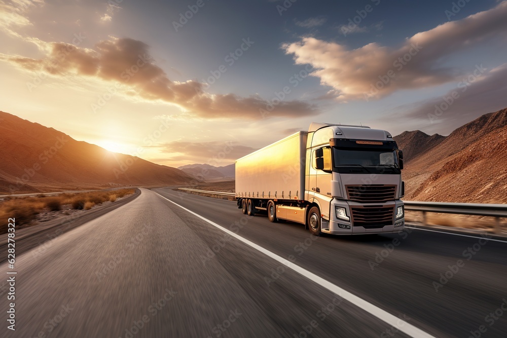 A truck speeding down the highway. Intercity or international transportation.