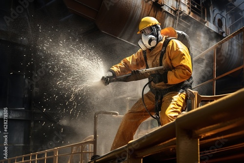 A worker scraping a ship in a shipyard with pressurized water