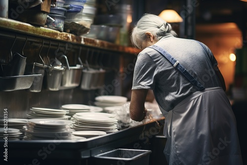 Old woman works as a dishwasher. An old woman washing dishes in the kitchen of a restaurant.