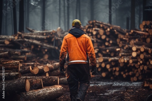 Woodcutter working in the forest and stacked logs photo