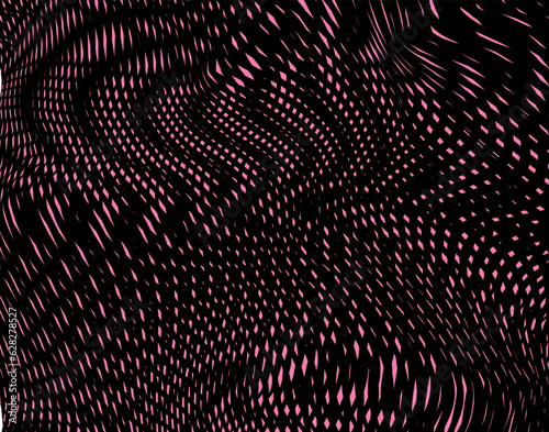 Grid geometric dark abstract psychedelic background with wavy lines and moire effect. Metaverse concept background for wall art, panel, poster, web banner, mobile apps, interior decor. 