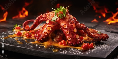 Exquisite grilled octopus tentacles. Octopus in the restaurant close-up of the dish. Generative AI