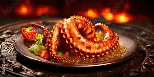 Exquisite grilled octopus tentacles. Octopus in the restaurant close-up of the dish. Generative AI