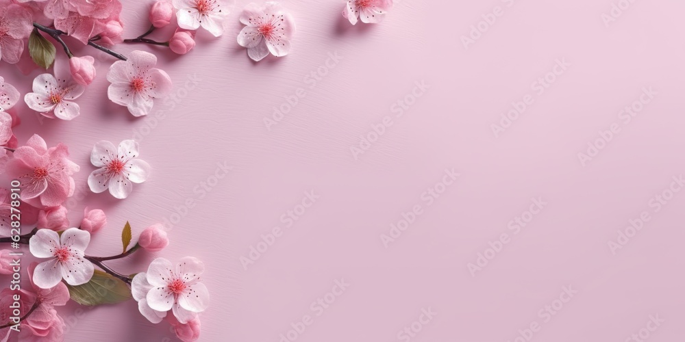 Romantic photo of flowers on a pink background with space for text. Generative AI
