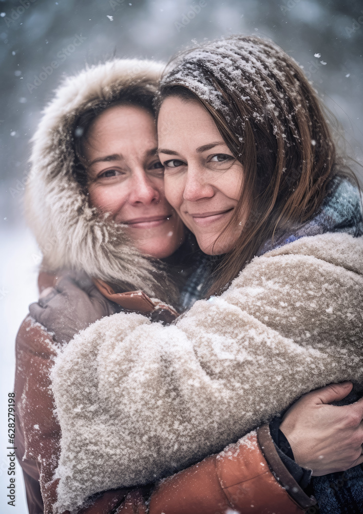 Lesbian couple on a winter day, wearing warm clothes - smiling happy, snow falling around, their faces together, intimate candid moment. Generative AI Lesbian couple on a winter day, wearing warm clothes - smiling happy, snow falling around, their faces together, intimate candid moment. Generative AI