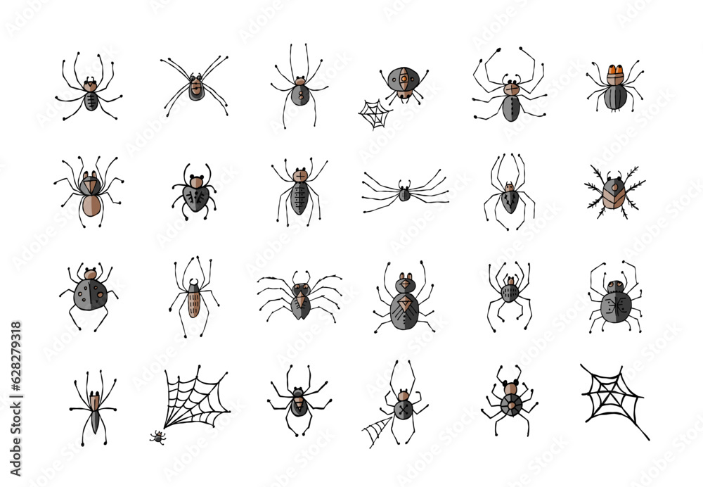 Fototapeta premium Collection of different spiders. Icons set. Hand drawn style.