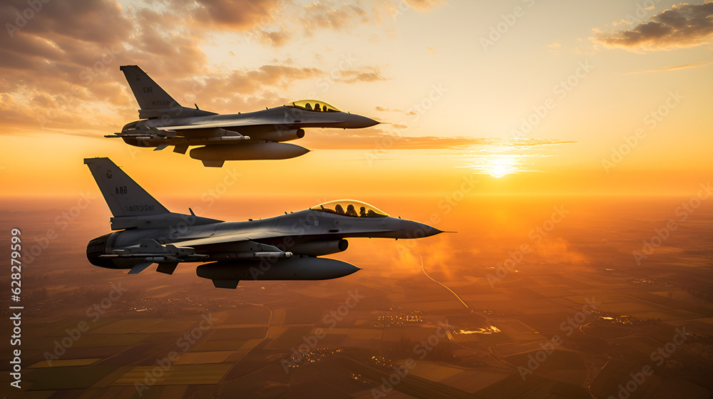 flying over the cities at sunset jet fighter f16 with great speed.Patrol of military combat aviation, protection of state borders concept. AI generated flying over the cities at sunset jet fighter f16 with great speed.Patrol of military combat aviation, protection of state borders concept. AI generated