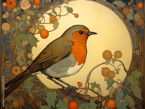 Decorative art nouveau illustration of a robin in profile in an ornate floral nature background photo