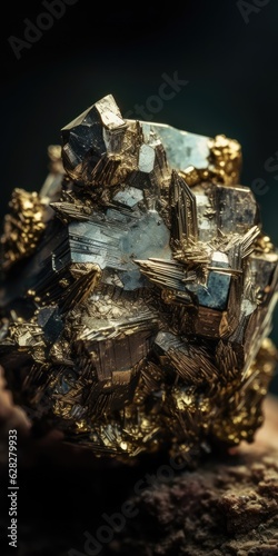 Photo of the mineral stone pyrite close-up, macro. Generative AI