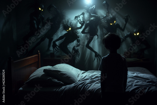 Nightmares, bad dreams. Terrible, scared, fear, unhappy, spooky, creepy and afraid. Childhood horrors, monsters, ghosts, devil. Dark, night, bedroom, bed and pilow